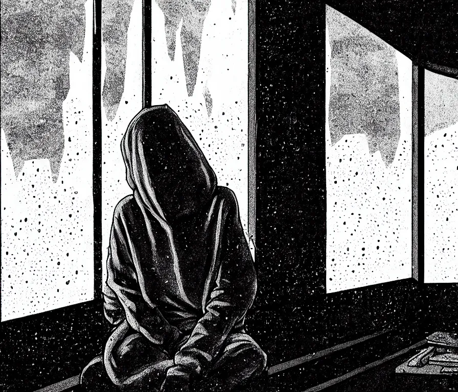 Image similar to sadie sink in hoodie sits on windowsill, knees tucked in | rain falls at night : storyboard, scifi cyberpunk. by chris bonura. cinematic atmosphere, detailed and intricate, perfect anatomy