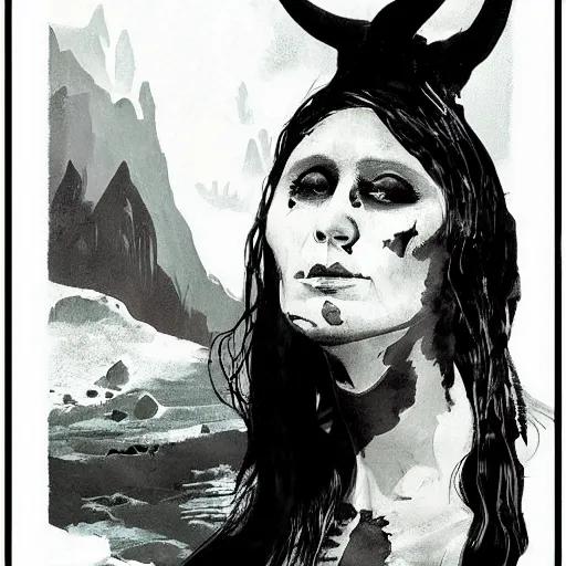 Image similar to portrait of a scandinavian holy undead witch female with animal horns, satanic kvlt by peder balke by peder balke by greg rutkowski, by guido crepax by norman bluhm mystic high contrast monochromatic noir