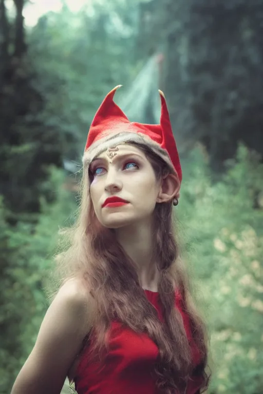 Prompt: a portrait of a magical female elf looking to the camera with the rune of nature in her forehead, graflex, 5 0 mm