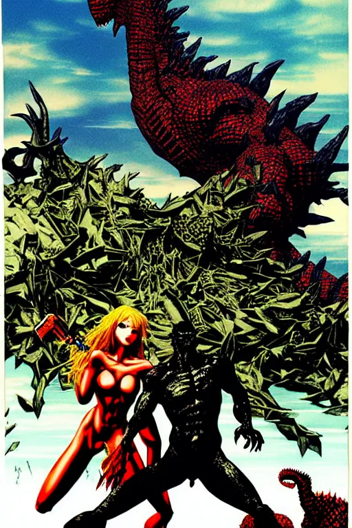 Prompt: adam and eve versus godzilla, gta smooth painting, illustration, torn cosmo magazine style, concept art, pop art style, art by yoji shinkawa, ayami kojima, tetsuya nomura, bob rafei