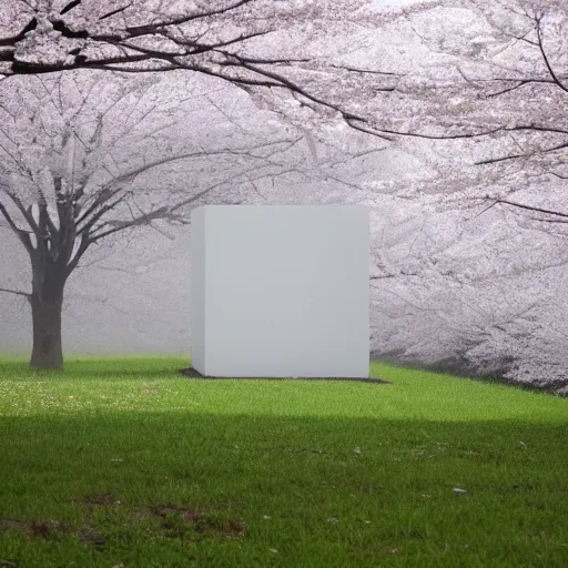 Image similar to a photograph of a white concrete cube sitting center frame in the middle of a cherry blossom forest, foggy, liminal