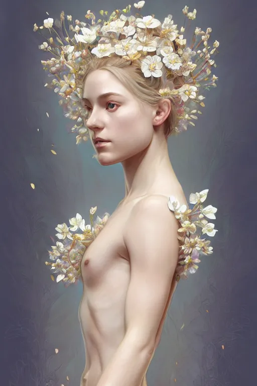 Image similar to symmetry!! full body portrait!!!! of a beautiful!!!! delicate elegant nordic shield maiden, pretty face!!!!, flower petals, intricate, elegant, highly detailed, digital painting, artstation, concept art, smooth, sharp focus, illustration, art by artgerm and greg rutkowski and alphonse mucha, 8 k