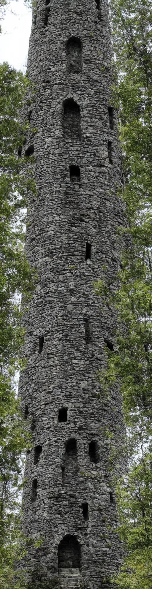 Prompt: lord of the rings high medieval tower with dark stones. the tower is on a hill. there are stone ruins at the bottom. a dark forest is all around the tower.