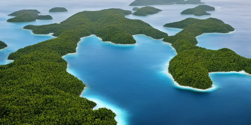 Prompt: National Geographic photograph of large forested islands. Ocean in the foreground. Realistic.