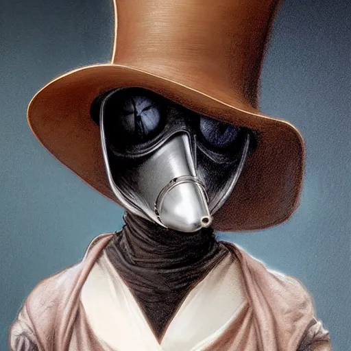 Prompt: portrait of woman in a plague doctor mask, tiny top hat, long brown dress, photorealistic, highly detailed, studio lighting, smooth, sharp focus, art by michael whelan, artgerm, greg rutkowski and luis royo