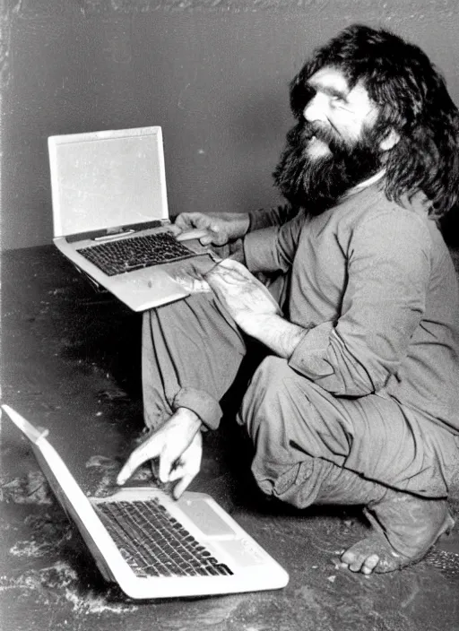 Prompt: old photo of a caveman using a laptop computer