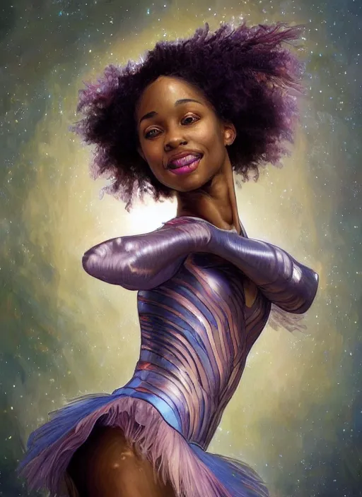 Image similar to ultra realistic illustration, smiling nubian prima ballerina, sci - fi, fantasy, symmetrical face, intricate, elegant, highly detailed, digital painting, artstation, concept art, smooth, sharp focus, illustration, art by artgerm and alphonse mucha