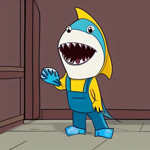 Prompt: Cartoon Shark in a janitors outfit