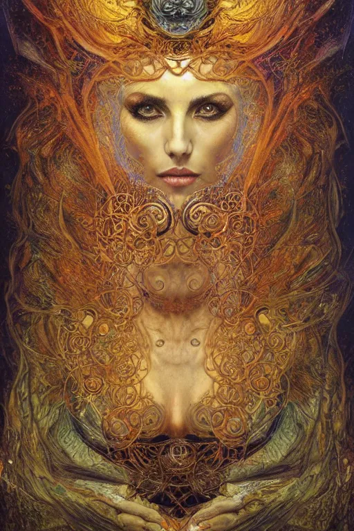 Image similar to Divine Chaos Engine by Karol Bak, Jean Deville, Gustav Klimt, and Vincent Van Gogh, beautiful visionary mystical portrait, sacred, otherworldly, fractal structures, ornate gilded medieval icon, third eye, spirals