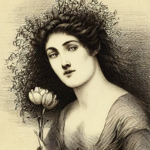 Prompt: extreme close-up, portrait of a beautiful french woman with flower in head, Gustave Dore lithography