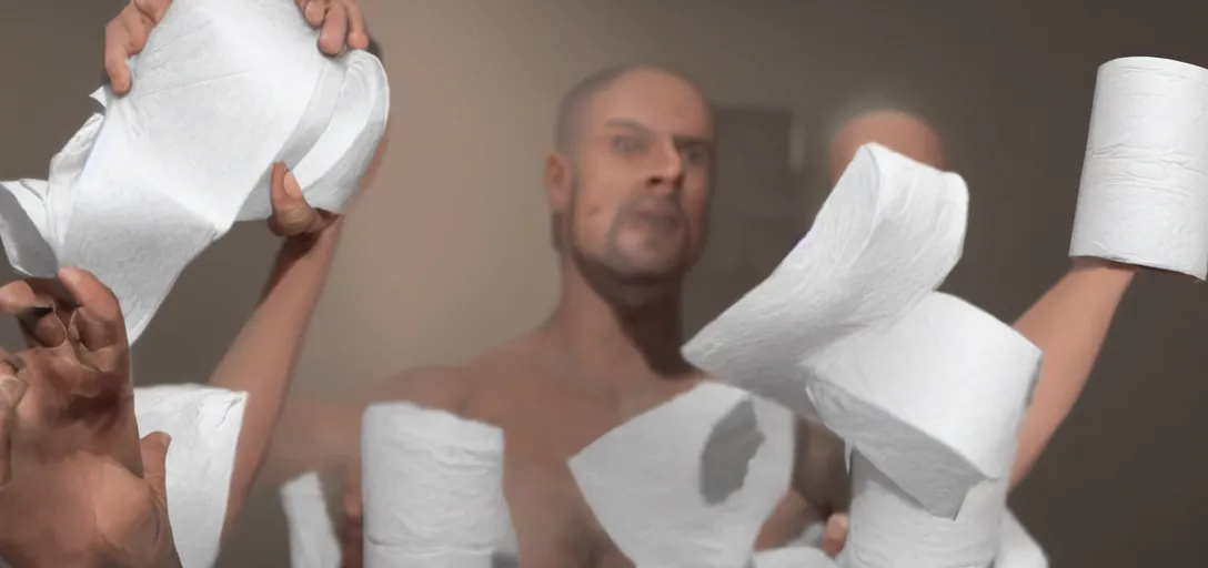 Image similar to First Person View of a video game character holding toilet paper, very realistic, 4K