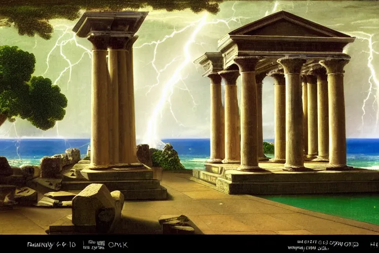 Image similar to Doric temple on front of balustrade and palace columns, refracted lightnings on the ocean, thunderstorm, tarot cards characters, beach and Tropical vegetation on the background major arcana sky and occult symbols, by paul delaroche, hyperrealistic 4k uhd, award-winning, very detailed paradise