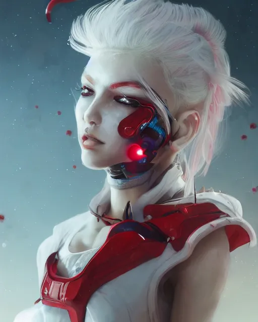 Image similar to cyborg girl with white hair and red clothes, alien hive, honey decorations, dreamy, beautiful illustration, scifi, radiant, atmosphere, harmony, top lighting, blue eyes, focused, perfect composition, artstation, highly detailed, art by yuhong ding and chengwei pan and serafleur and ina wong