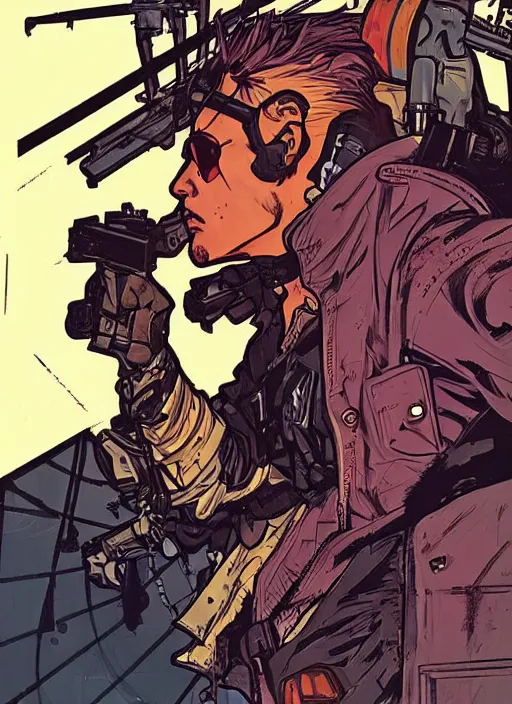 Image similar to hector. cyberpunk mercenary with scenic background. portrait illustration, pop art, art by ashley wood, alphonse mucha, laurie greasley and josan gonzalez. cinematic. beautiful lighting.