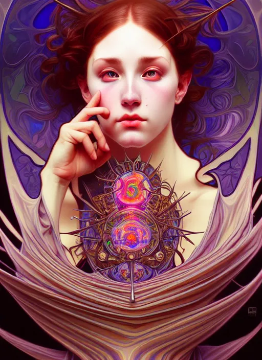 Image similar to overlord, psychedelic, portrait, highly detailed, deep focus, elegant, digital painting, smooth, sharp focus, illustration, ultra realistic, 8 k, art by artgerm and alphonse mucha