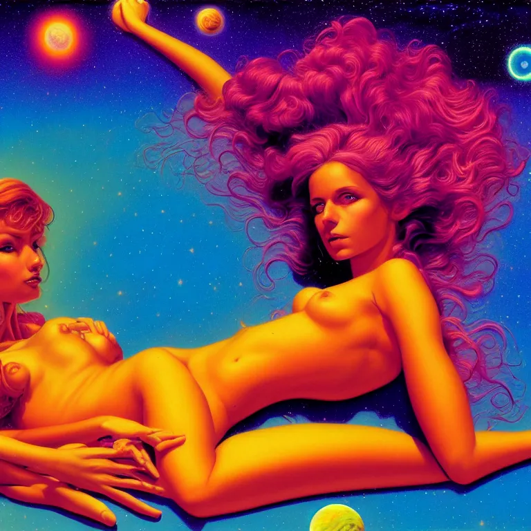 Prompt: cosmic girl, 2 0 yo, reclining close - up, bright neon colors, highly detailed, cinematic, tim white, michael whelan, roger dean, bob eggleton, philippe druillet, vladimir kush, kubrick, alfred kelsner