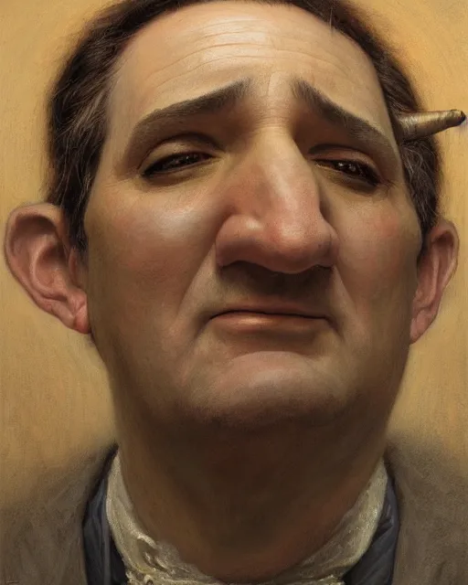 Image similar to closeup portrait of ted cruz, court jester in renaissance era,, masterpiece, by donato giancola and greg rutkowski and wayne barlow and zdzisław beksinski, high contrast, realistic face