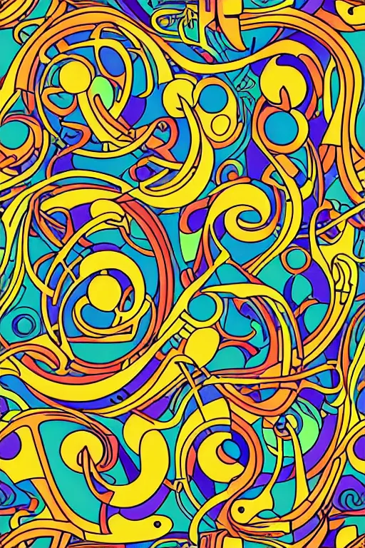 Prompt: seamless 2 d pattern of abstract musical instruments, highly detailed, designed by tarsila do amaral and alphonse mucha, graphic design, 8 k, 4 k