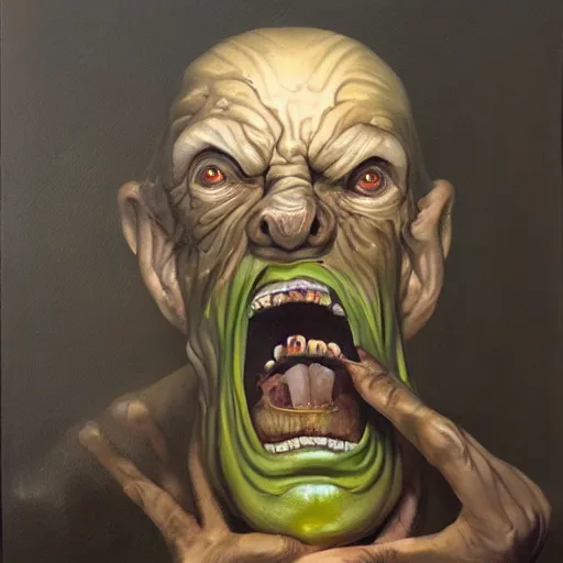 Prompt: Oil painting portrait of an extremely bizarre disturbing mutated man by Christian Rex Van Minnen with intense chiaroscuro lighting perfect composition