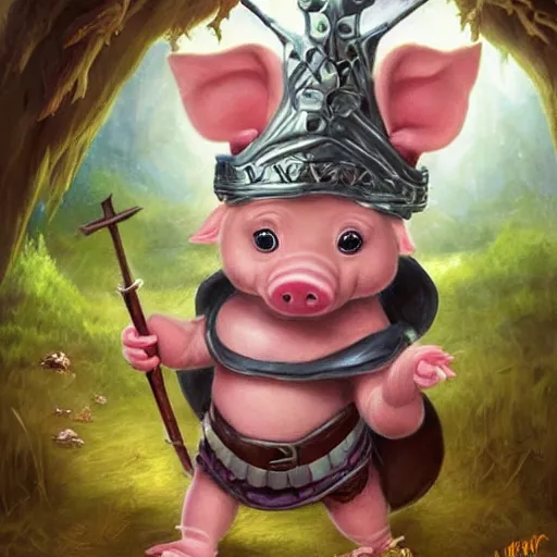 Image similar to cute little cartoonish anthropomorphic piglet warrior princess wearing a cape and a crown, fantasy forest, caricature, tiny, small, miniature pig, baby animal, short, pale blue armor, cute and adorable, pretty, beautiful, DnD character art portrait, matte fantasy painting, DeviantArt Artstation, by Jason Felix by Steve Argyle by Tyler Jacobson by Peter Mohrbacher, cinematic lighting