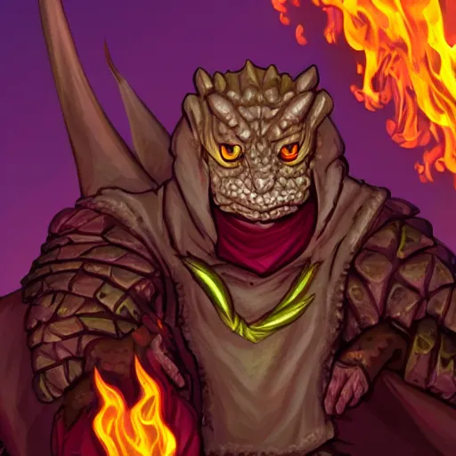 Prompt: HD Dungeons and Dragons character portrait of a Lizard Warlock, with fire in his eyes and evil in his heart