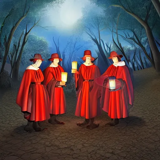 Image similar to A group of Spanish inquisitors holding lanterns on a sandy beach Cove in middle of a magical forest in night, detailed digital art