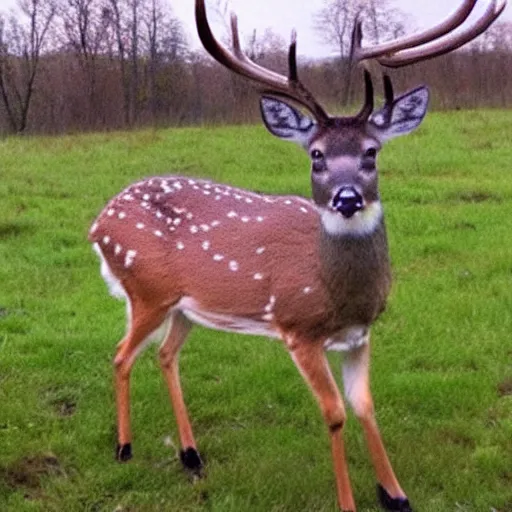 Prompt: trail cam footage of a deer without head with gigantic legs, low quality cursed video