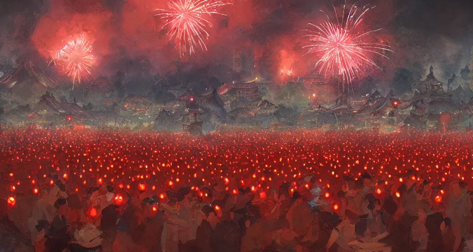 Prompt: craig mullins and ghibli digital art of zhongyuan festival in china ， red lanterns in the sky, black night sky, stars, fireworks, below is the crowd, fireworks, rivers, villages ， unreal engine, hyper realism, realistic shading, cinematic composition, realistic render, octane render, detailed textures, photorealistic, wide shot