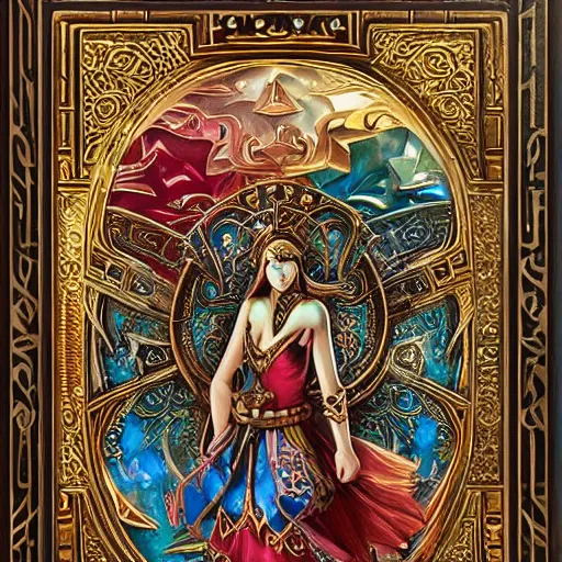 Image similar to a beautiful and vivid and colorful andreas rocha magic the gathering fantasy illustration of a beautiful engraved wooden pandora's box with inlaid jewels and gold filigree scrollwork.