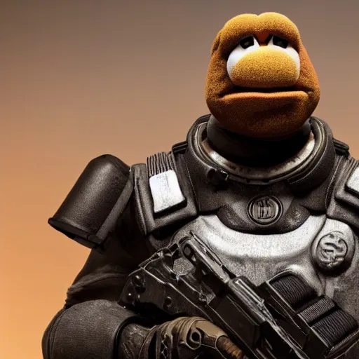 Image similar to kanye west muppet muppet muppet in gears of war, splash art, movie still, detailed face, photorealistic facial features, cinematic lighting, dramatic, octane render, long lens, shallow depth of field, bokeh, anamorphic lens flare, 8 k, hyper detailed, 3 5 mm film grain