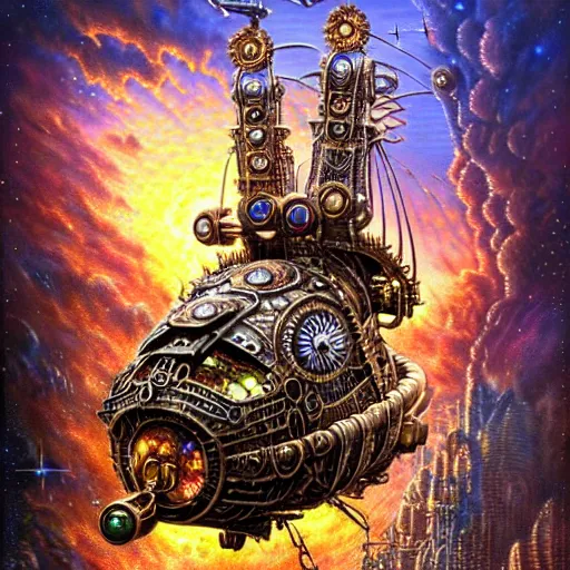 Prompt: intricate detailed post-apocalyptic futuristic jewel studded steampunk airship adorned with beautiful vivid gemstones. Lisa Frank, james gurney,dan luvisi,Petros Afshar,tim hildebrandt,liam wong,Mark Riddick,thomas kinkade,ernst haeckel,dan mumford,trending on artstation,josephine wall, WLOP ,cgsociety by Gediminas Pranckevicius, trending on cgsociety and DeviantArt