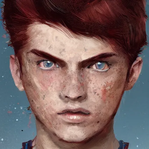 Image similar to portrait of a teen boy with long red hair and a lot of freckles and muscular, intricate, highly detailed, digital painting, artstation, sharp focus, illustration