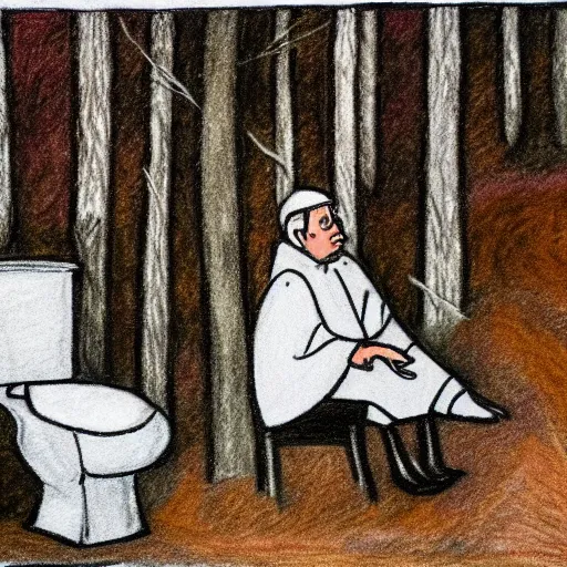 Prompt: The pope sitting on a toilet in the forest, crayon drawing