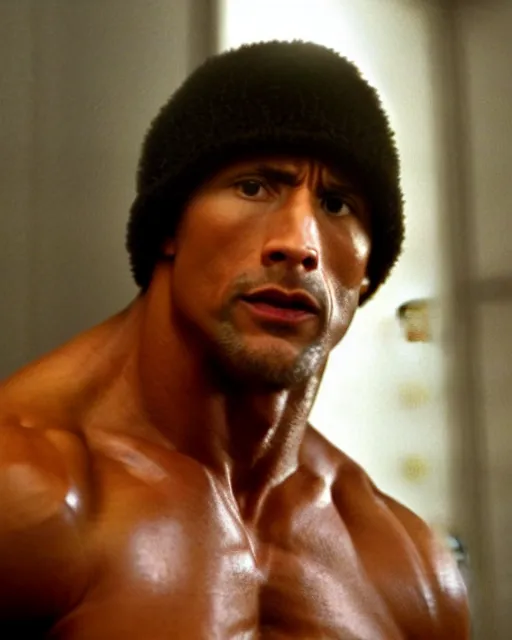 Image similar to Film still close-up shot of Dwayne Johnson as Rocky Balboa from the movie Rocky. Photographic, photography