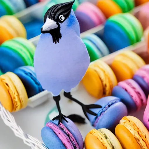 Image similar to A blue jay standing on a large basket of rainbow macarons.