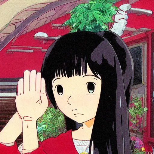 Image similar to beautiful mexican woman, black hair and brown eyes, studio ghibli, art by hayao miyazaki, makoto shinkai