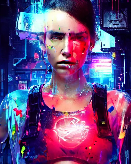 Image similar to detailed portrait Neon boxer Girl, cyberpunk futuristic neon, reflective crop top and shorts, boxing gloves, decorated with traditional Japanese ornaments by Ismail inceoglu dragan bibin hans thoma greg rutkowski Alexandros Pyromallis Nekro Rene Maritte Illustrated, Perfect face, fine details, realistic shaded, fine-face, pretty face