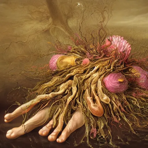 Image similar to disgusting disturbing dutch golden age bizarre mutant wet dew flower floral still life with many human toes realistic human toes blossoming everywhere insects very detailed fungus tumor disturbing tendrils bizarre slimy forms sprouting up everywhere by rachel ruysch christian rex van minnen black background chiaroscuro dramatic lighting perfect composition high definition 8 k 1 0 8 0 p