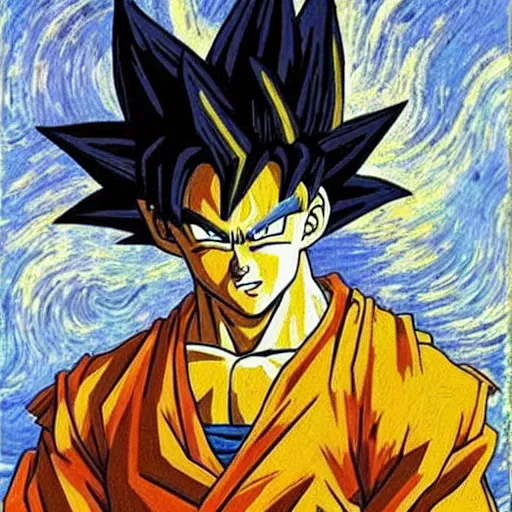 Prompt: super saiyan goku painted by vincent van gogh, oil - on - canvas, highly detailed, 8 k