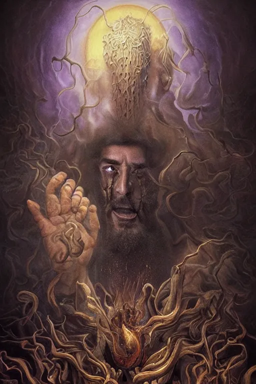 Image similar to Intricate stunning highly detailed portrait of Salvador Dali depicted as HammerFall’s lead vocals, digital painting by agostino arrivabene and Vladimir Kush, surreal, ultra realistic, Horror vacui, dramatic lighting, full moon, thick black swirling smoke tornado, burning fire embers, artstation