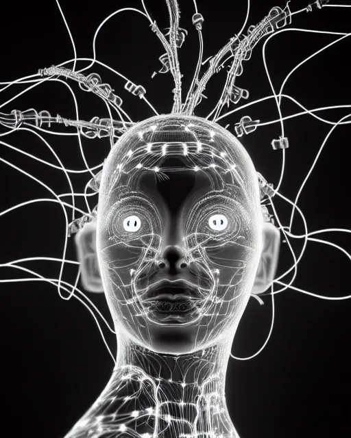 Image similar to black and white connected cyborg - plant goddess high quality photo, microchip, artificial intelligence, bio - mechanical bio - luminescence, black wired cables, neurons, nerve cells, cinematic, rim light, photo - realistic, elegant, high detail, 8 k, masterpiece, high fashion