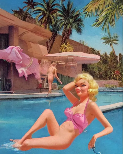 tuesday weld in a pink bikini lounging next to a palm