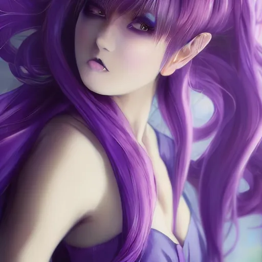 Prompt: beautiful anime woman with purple hair, ( ( ( ( ( unicorn horn ) ) ) ) ) ( ( ponytail ) ) ( ( ( purple eyes ) ) ), a purple tuxedo, sharp focus, intricate, cell shaded, award winning photography, cinematic, digital painting, cinematic, wlop, 8 k, by ross tran, tom bagshaw