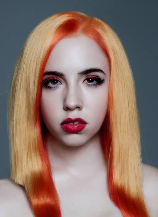 Image similar to ava max bright red hair photographed by charlotte rutherford, canon, highly realistic. high resolution. highly detailed. dramatic. 8 k. 4 k.