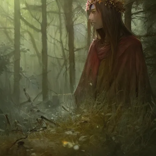 Prompt: forest person, cloak, small flower crown, in an open forest, by Greg Rutkowski, trending on artstation, unreal engine, 4k, digital art