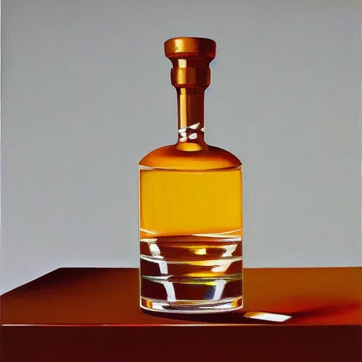 Prompt: award winning ultrafine detailed painting of a glass vodka bottle on top of a table, still life by julian schnabel and john chamberlain, tonalism, oil on canvas, surrealist painting, behance, academic art