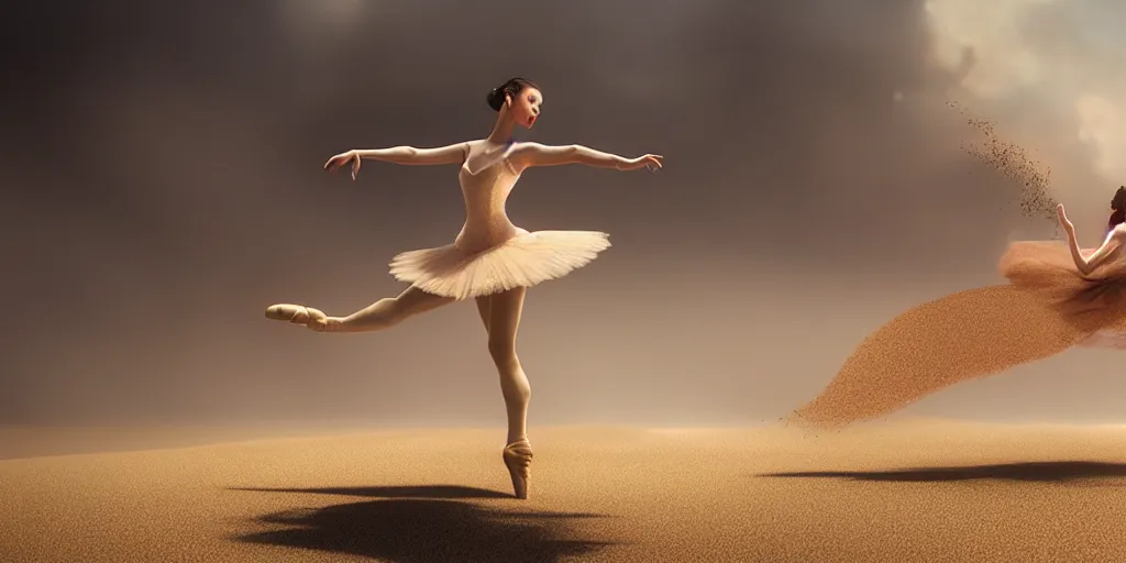 Image similar to a dancing ballerina dissolving into sand, digital art, fantasy art, octane render, ureal engine, high detail, very realistic, by greg rutkowski. by james gurney