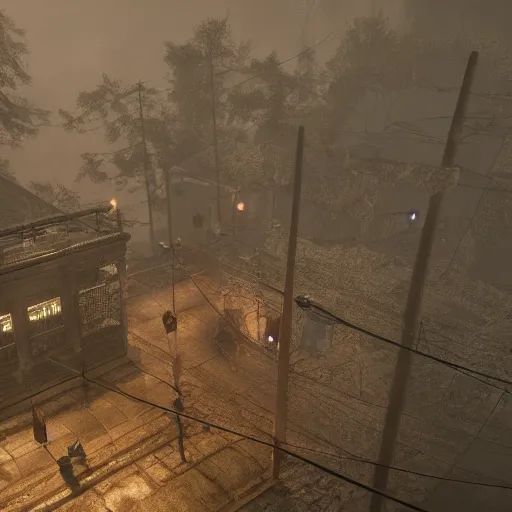 Image similar to playstation 5 screenshot of silent hill, intricate, overhead view