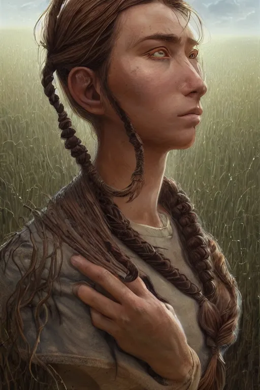 Prompt: concept art by ricardo federeci of a beautiful young farmer with long brown braided hair designed by h. r. giger, pixar and studio ghibli, scifi, detailed and intricate environment, in a farm, book cover, highly detailed portrait, digital painting, artstation, concept art, smooth, sharp focus illustration, artstation hq