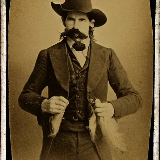 Image similar to A photograph portrait of Jerma985 as a cowboy with a pyramidal mustache in the late 1800s, taken in the late 1800s, 1870s, grainy, taken on a Field View Camera, realistic, hyperrealistic, very realistic, highly detailed, very detailed, extremely detailed, detailed, digital art, trending on artstation